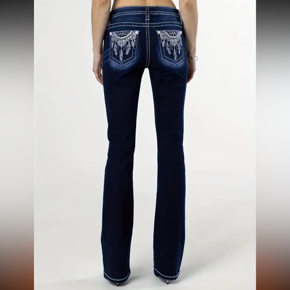 New! Long Length Dark Blue Embroidered Skinny Flared Jeans - Picture 2 of 11